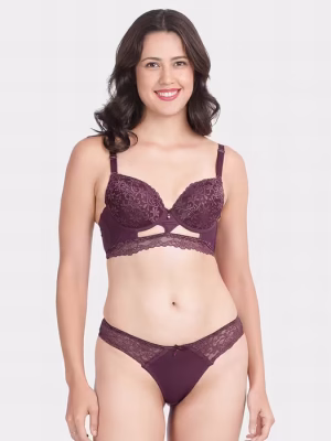 Dark Purple Decorative Gore Pushup Bra And Thong Panty Lingerie Set