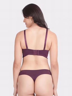 Dark Purple Decorative Gore Pushup Bra And Thong Panty Lingerie Set