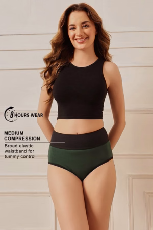 High Waist Tummy Tucker Hipster Panty in Dark Green - Cotton