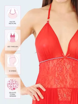 Hot Red Halter Neck Babydoll With Pleats