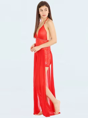 Hot Red Halter Neck Babydoll With Pleats