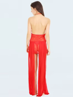 Hot Red Halter Neck Babydoll With Pleats