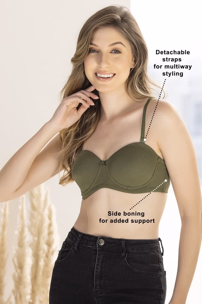 Padded Underwired Full Cup Multiway Strapless Balconette Bra in Olive Green