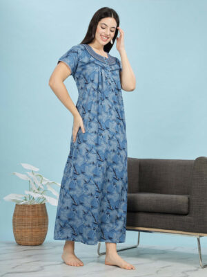 Blue Nightgown Printed Embroidered