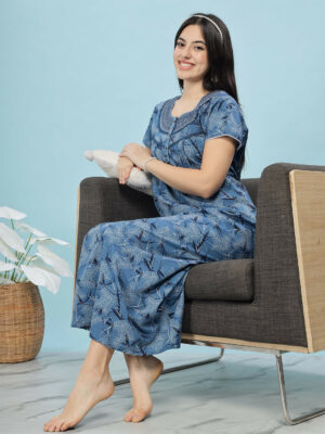 Blue Nightgown Printed Embroidered