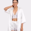 White Lace Bralette With Robe And Shorts Nightwear Set