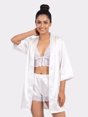 White Lace Bralette With Robe And Shorts Nightwear Set