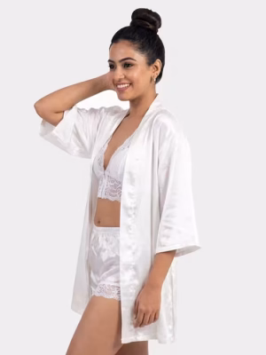 White Lace Bralette With Robe And Shorts Nightwear Set