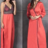 2 Pcs Set in Coral Red Long Nighty & Robe - Satin