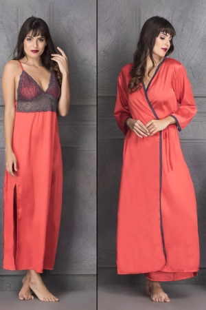 2 Pcs Set in Coral Red Long Nighty & Robe - Satin