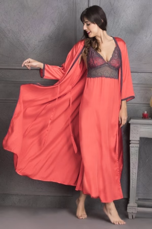 2 Pcs Set in Coral Red Long Nighty & Robe - Satin
