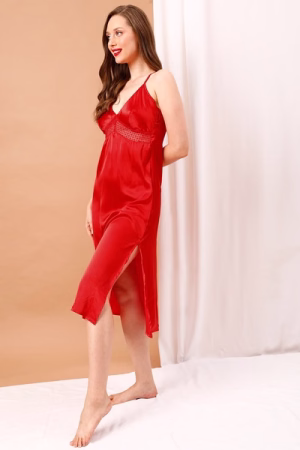 Chic Basic Long Nighty in Red - Satin