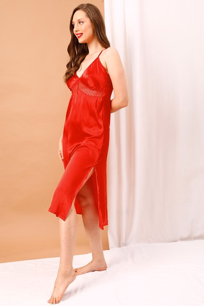 Chic Basic Long Nighty in Red - Satin