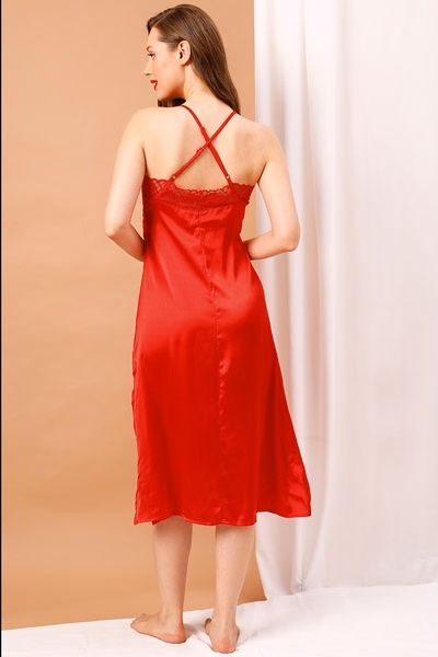 Chic Basic Long Nighty in Red - Satin