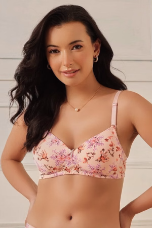 Full Coverage Floral Print Multiway T-shirt Bra in Peach Colour