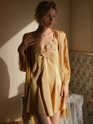 Lace Shoulder Strap Nightdress With Robe