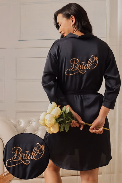 Luxurious Bridal Short Robe in Dark Blue - Satin