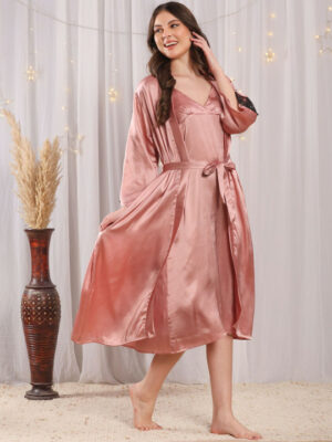 Pink Lace Shoulder Strap Nightdress With Robe