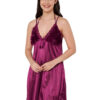 This chic nightdress is comfortable as well as feminine, making it a perfect wear for a relaxed evening at home. Club those fluffy room slippers with this one to soak in a chill vibe. Features VANumber: etc-satin-furlace-wine-nighty V-neck Sleeveless Knee length Size & Fit The model (height 5'8) is wearing a size S Material & Care Silk Machine wash recommended. DO NOT USE BLEACH