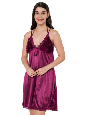 This chic nightdress is comfortable as well as feminine, making it a perfect wear for a relaxed evening at home. Club those fluffy room slippers with this one to soak in a chill vibe. Features VANumber: etc-satin-furlace-wine-nighty V-neck Sleeveless Knee length Size & Fit The model (height 5'8) is wearing a size S Material & Care Silk Machine wash recommended. DO NOT USE BLEACH