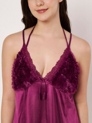 This chic nightdress is comfortable as well as feminine, making it a perfect wear for a relaxed evening at home. Club those fluffy room slippers with this one to soak in a chill vibe. Features VANumber: etc-satin-furlace-wine-nighty V-neck Sleeveless Knee length Size & Fit The model (height 5'8) is wearing a size S Material & Care Silk Machine wash recommended. DO NOT USE BLEACH