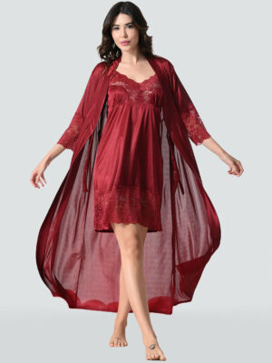 Women Maroon Satin Lace Nighty With Robe