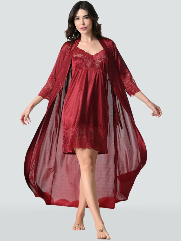 Women Maroon Satin Lace Nighty With Robe