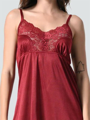 Women Maroon Satin Lace Nighty With Robe