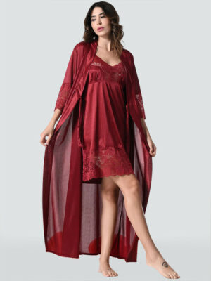 Women Maroon Satin Lace Nighty With Robe