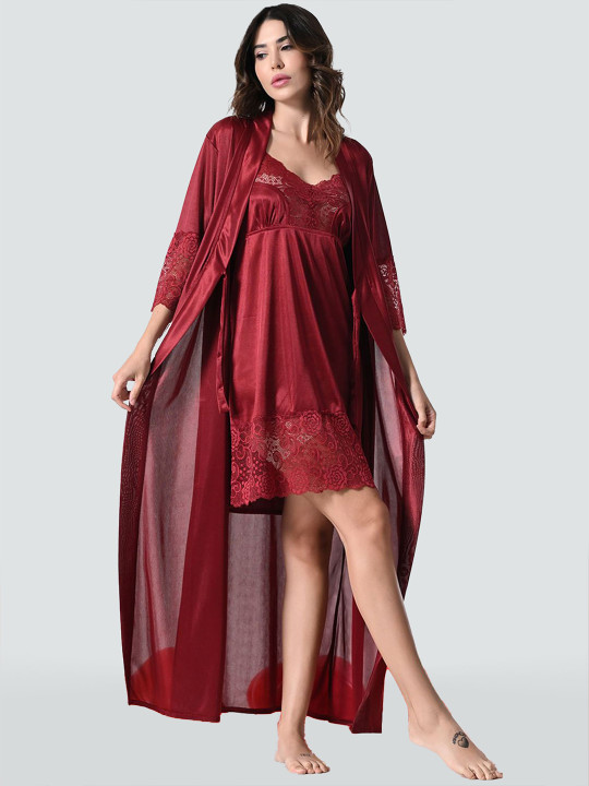Women Maroon Satin Lace Nighty With Robe