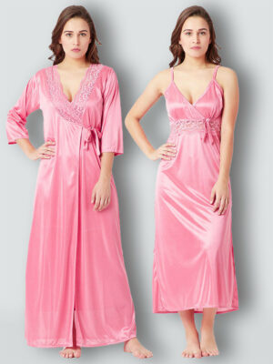 Women Pink Maxi Nighty with Robe