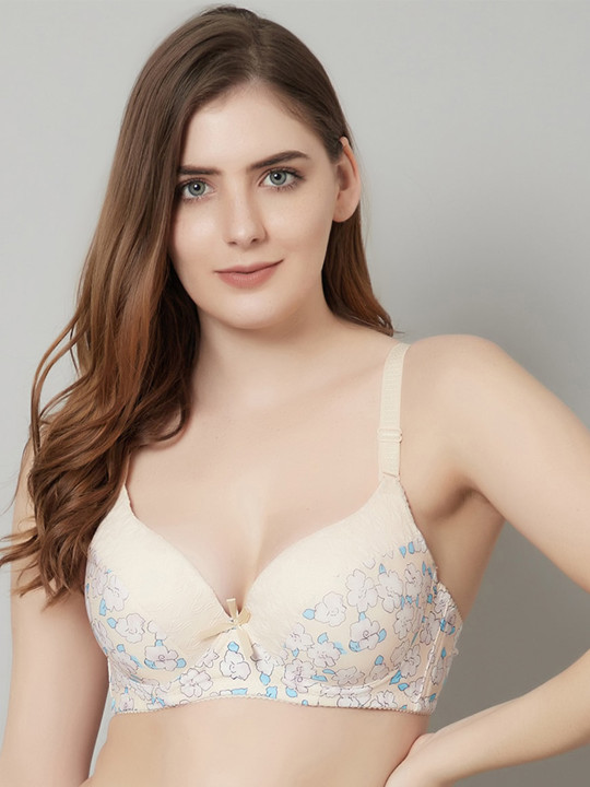Beige & Blue Floral Underwired Lightly Padded Bra