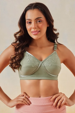 Non-Padded Non-Wired Full-Figure Bra in Sage Green - Cotton