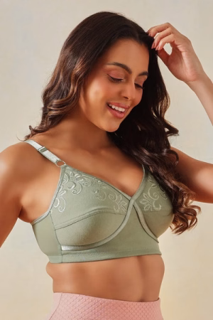 Non-Padded Non-Wired Full-Figure Bra in Sage Green - Cotton