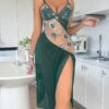 Asymmetrical Floral Embroidery Mesh Sheer Nightgown