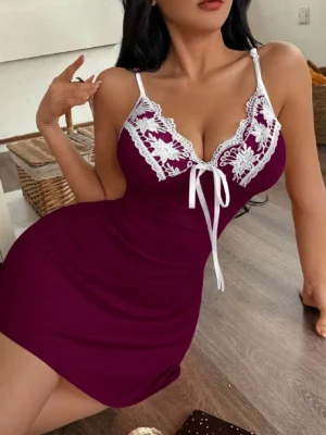 Burgundy Mini Slip Dress Knitted With Delicate Lace