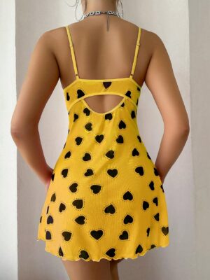 Heart Print High Slit Bowknot Decor Ladies Camisole Nighty