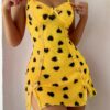 Heart Print High Slit Bowknot Decor Ladies Camisole Nighty