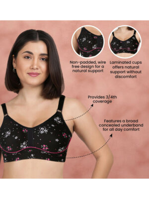 Medium Coverage Floral Bra - Black
