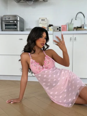 Pink Heart Mesh Camisole Nightgown