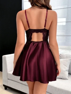 Sexy Lace Fishbone Bodycon Faux Silk Satin Nighty