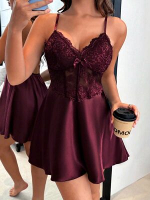 Sexy Lace Fishbone Bodycon Faux Silk Satin Nighty