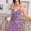Women's Purple Base Pink Floral Print V-Neck Nighty