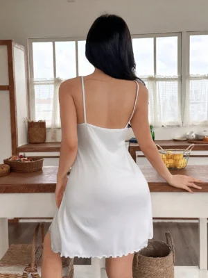 Women's Solid Color Lace Trim Slit Camisole Nightgown