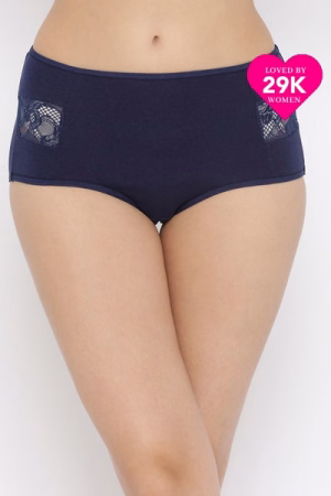 Cotton High Waist Hipster Panty with Lace Inserts In Navy