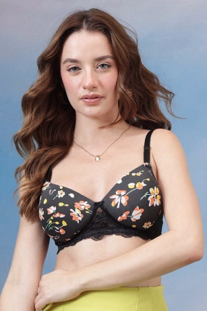 Full-Coverage Floral Print T-shirt Bra with Multiway Shiny Straps in Black