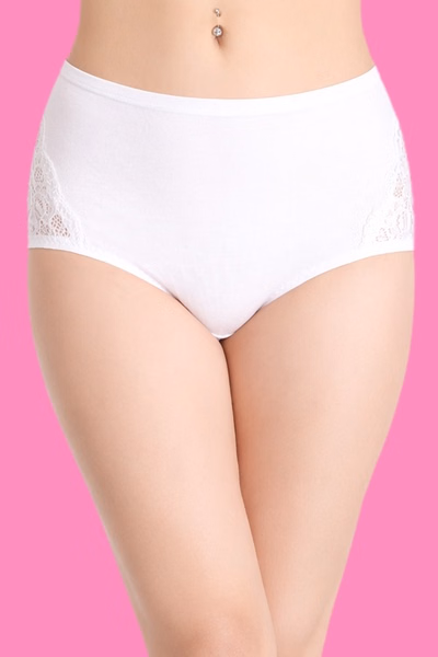 High Waist Hipster with Lace Panels in White - Cotton
