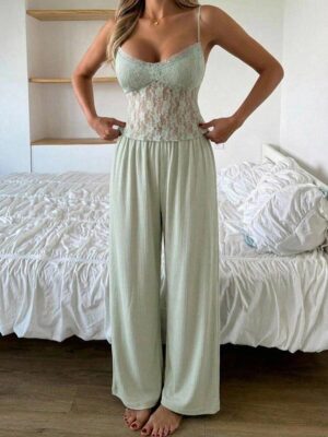 Lace Camisole Tank Top & Solid Straight Long Pajama Pant