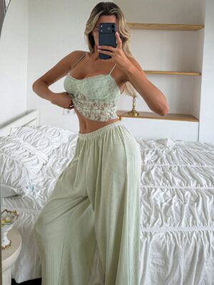 Lace Camisole Tank Top & Solid Straight Long Pajama Pant