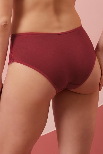 Mid Waist Hipster Panty in Maroon with Lace Panels - Cotton